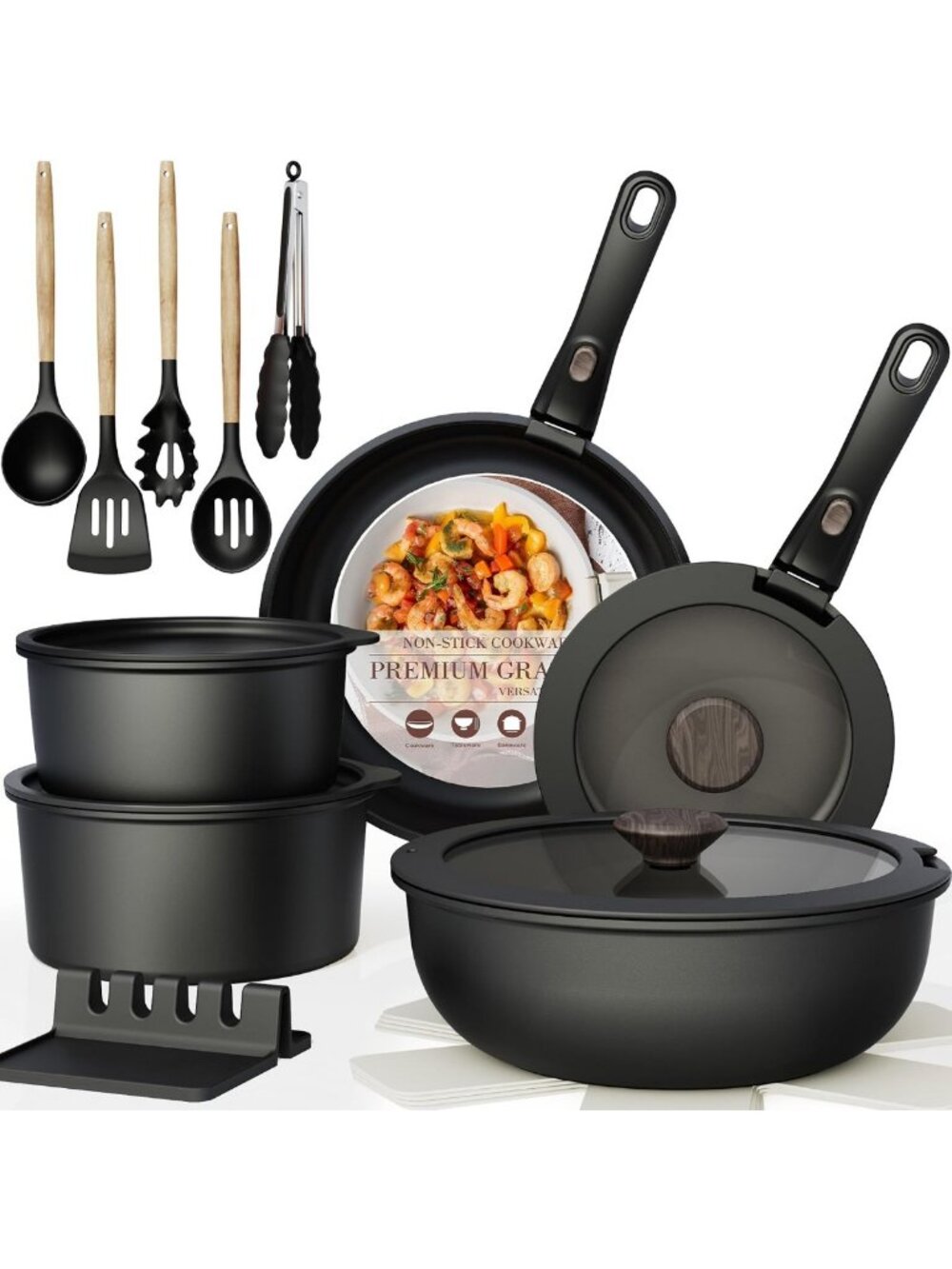 21-Piece Non-Stick Ceramic Cookware Set with Detachable Handles, Oven Safe
